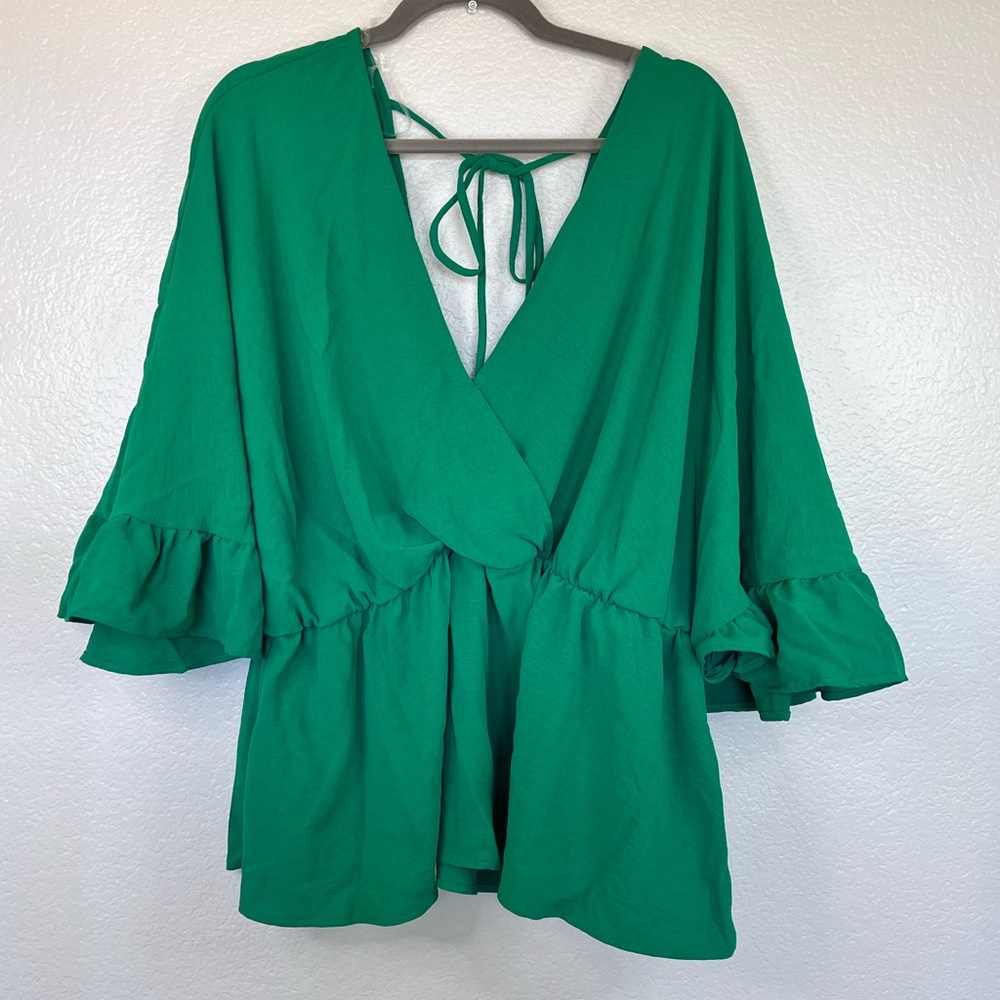 Green V-Neck Ruffle Sleeve Blouse